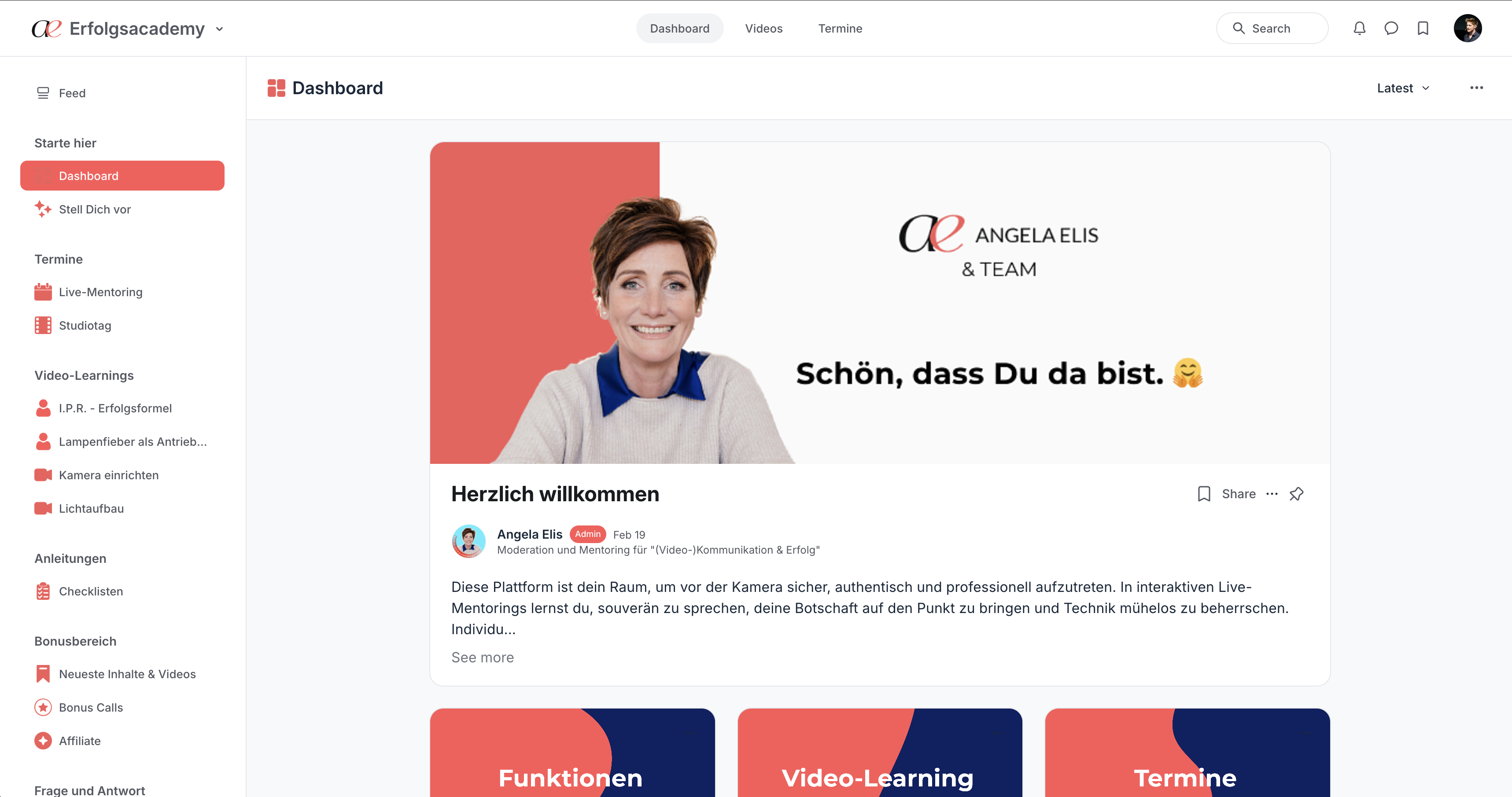 Dashboard der Erfolgsacademy-Mitgliederplattform von Angela Elis