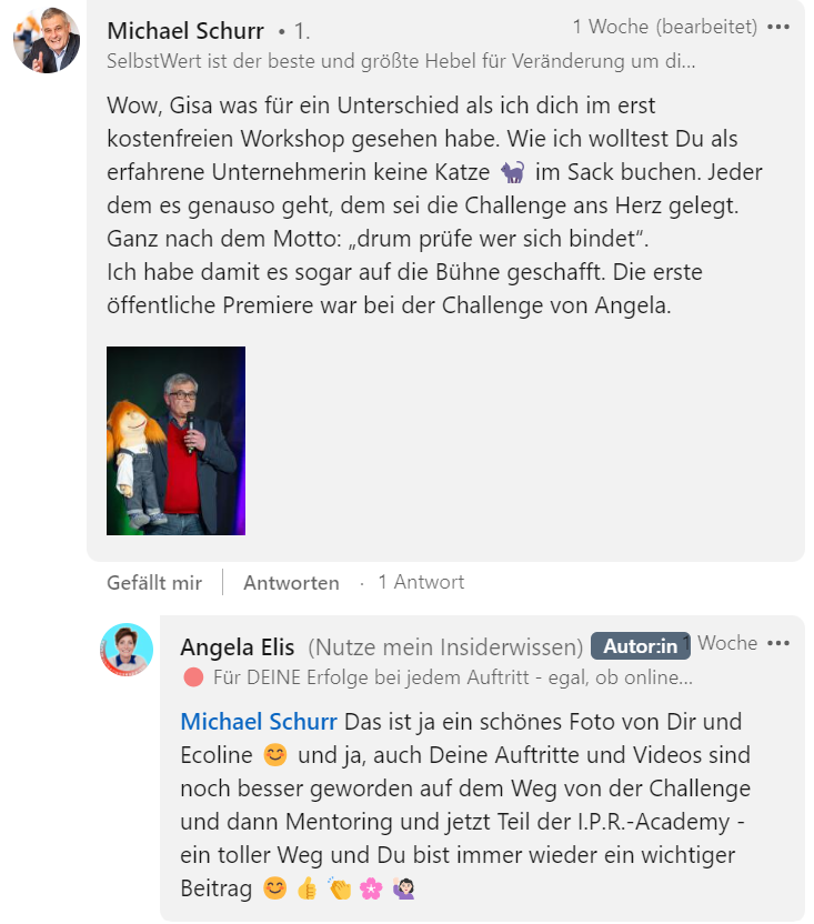 LinkedIn-Kommentar von Michael Schurr zur I.P.R.-Academy von Angela Elis