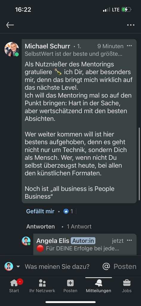 LinkedIn-Kommentar von Michael Schurr zum Mentoring mit Angela Elis